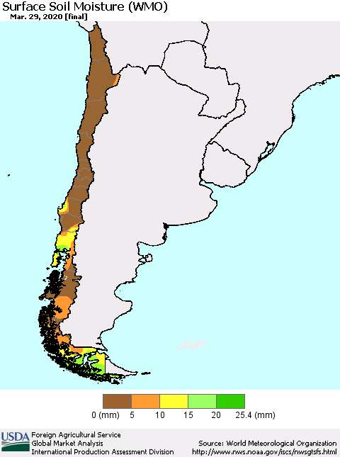 Chile Surface Soil Moisture (WMO) Thematic Map For 3/23/2020 - 3/29/2020