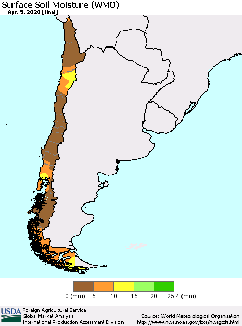 Chile Surface Soil Moisture (WMO) Thematic Map For 3/30/2020 - 4/5/2020