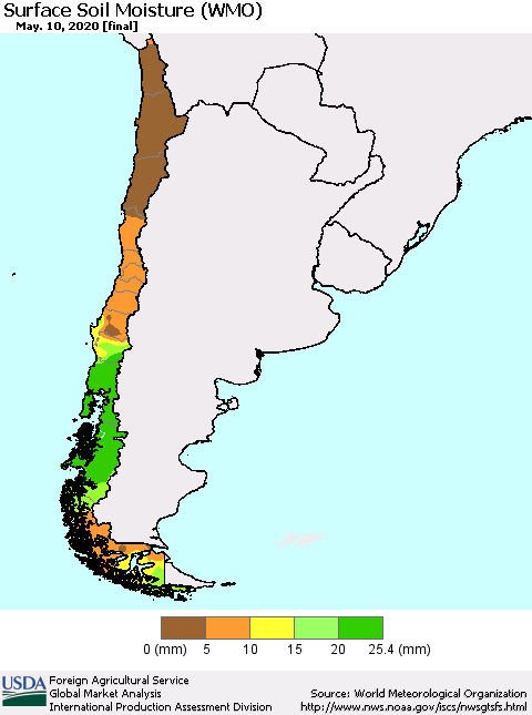 Chile Surface Soil Moisture (WMO) Thematic Map For 5/4/2020 - 5/10/2020