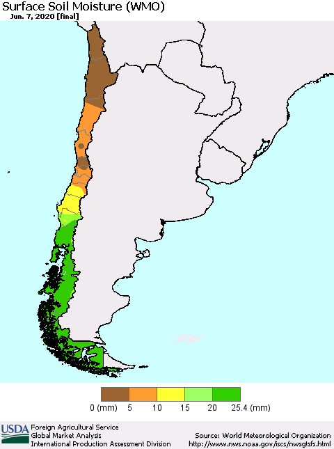 Chile Surface Soil Moisture (WMO) Thematic Map For 6/1/2020 - 6/7/2020