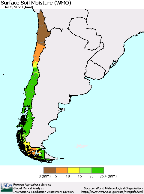 Chile Surface Soil Moisture (WMO) Thematic Map For 6/29/2020 - 7/5/2020