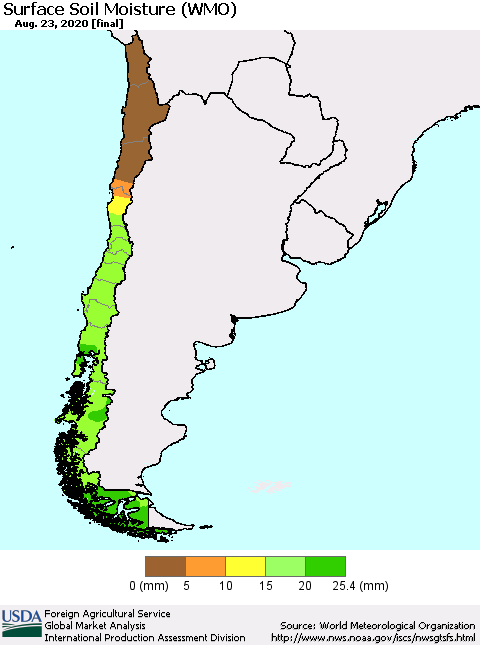 Chile Surface Soil Moisture (WMO) Thematic Map For 8/17/2020 - 8/23/2020