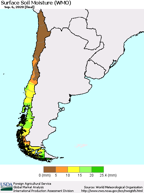 Chile Surface Soil Moisture (WMO) Thematic Map For 8/31/2020 - 9/6/2020
