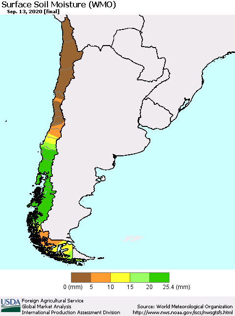 Chile Surface Soil Moisture (WMO) Thematic Map For 9/7/2020 - 9/13/2020