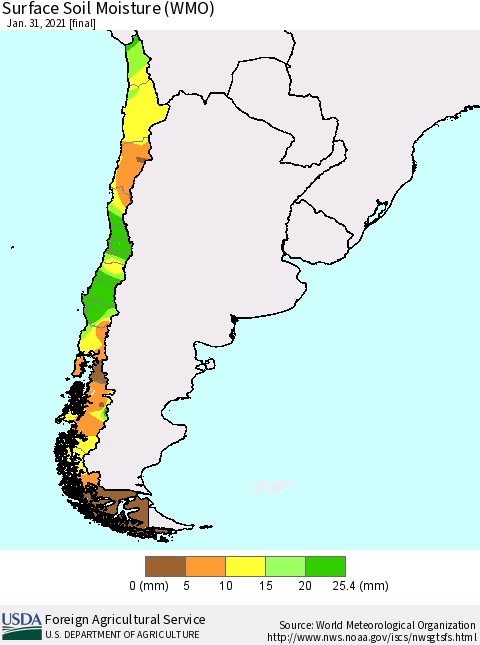 Chile Surface Soil Moisture (WMO) Thematic Map For 1/25/2021 - 1/31/2021