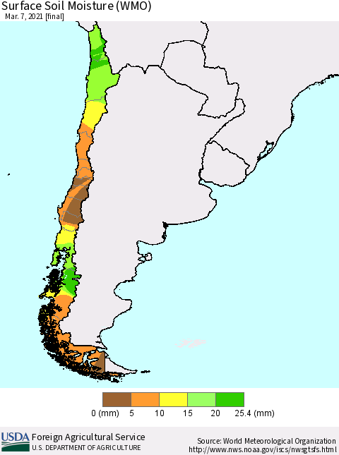 Chile Surface Soil Moisture (WMO) Thematic Map For 3/1/2021 - 3/7/2021