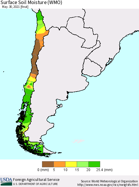 Chile Surface Soil Moisture (WMO) Thematic Map For 5/24/2021 - 5/30/2021
