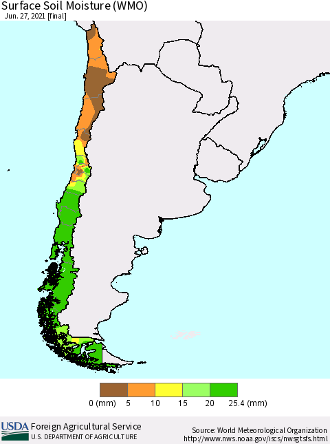 Chile Surface Soil Moisture (WMO) Thematic Map For 6/21/2021 - 6/27/2021