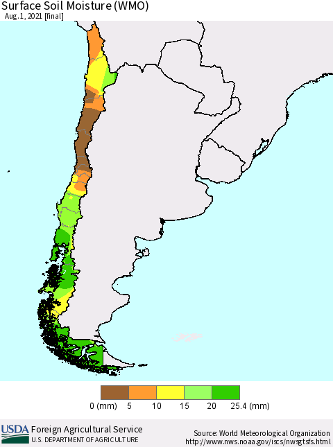 Chile Surface Soil Moisture (WMO) Thematic Map For 7/26/2021 - 8/1/2021