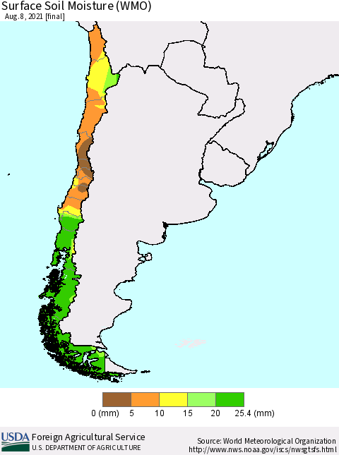 Chile Surface Soil Moisture (WMO) Thematic Map For 8/2/2021 - 8/8/2021