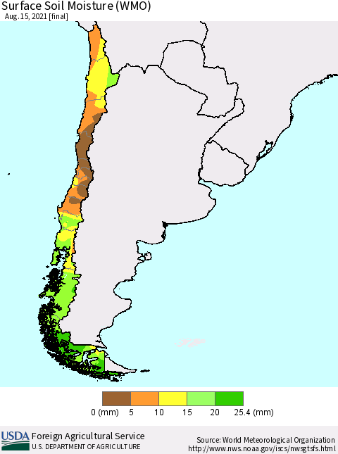 Chile Surface Soil Moisture (WMO) Thematic Map For 8/9/2021 - 8/15/2021