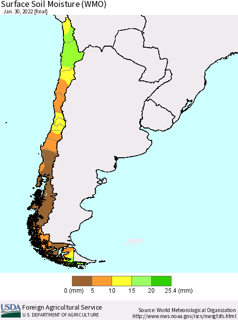 Chile Surface Soil Moisture (WMO) Thematic Map For 1/24/2022 - 1/30/2022