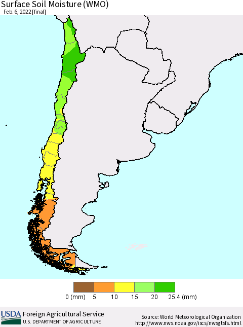 Chile Surface Soil Moisture (WMO) Thematic Map For 1/31/2022 - 2/6/2022