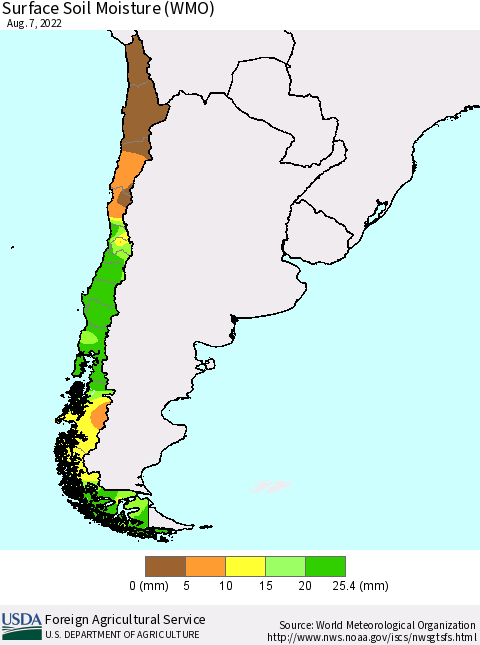 Chile Surface Soil Moisture (WMO) Thematic Map For 8/1/2022 - 8/7/2022