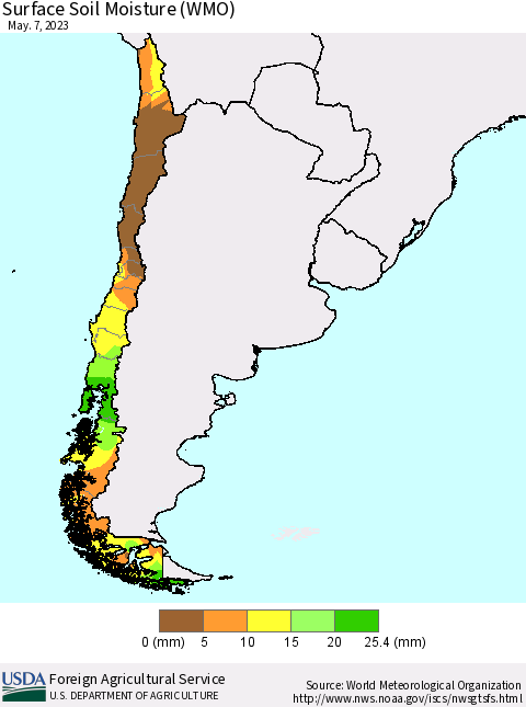 Chile Surface Soil Moisture (WMO) Thematic Map For 5/1/2023 - 5/7/2023
