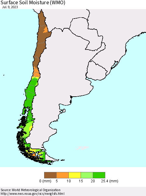 Chile Surface Soil Moisture (WMO) Thematic Map For 7/3/2023 - 7/9/2023
