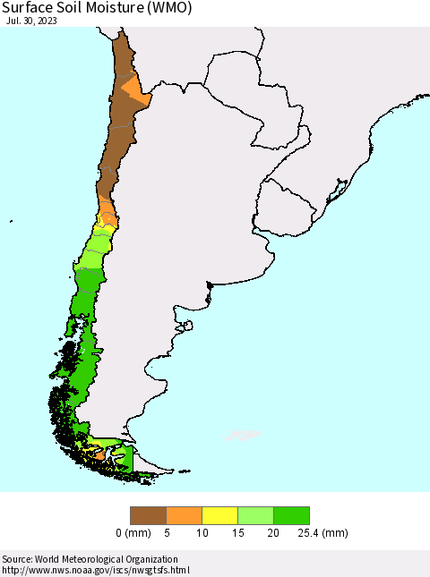 Chile Surface Soil Moisture (WMO) Thematic Map For 7/24/2023 - 7/30/2023