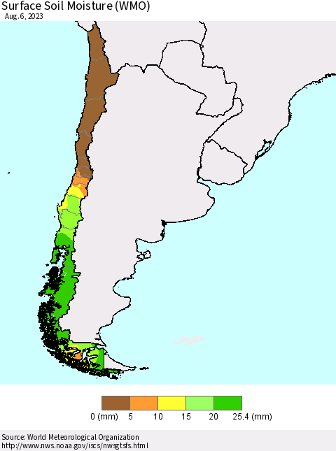 Chile Surface Soil Moisture (WMO) Thematic Map For 7/31/2023 - 8/6/2023