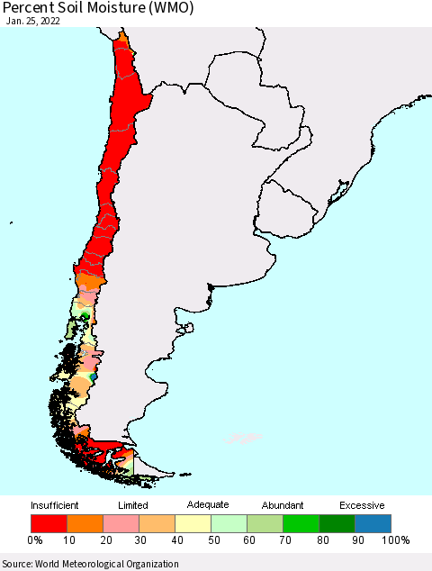 Chile Percent Soil Moisture (WMO) Thematic Map For 1/21/2022 - 1/25/2022