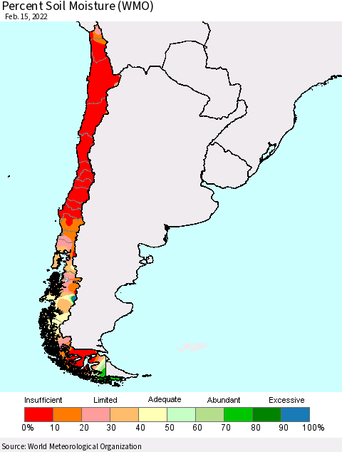 Chile Percent Soil Moisture (WMO) Thematic Map For 2/11/2022 - 2/15/2022
