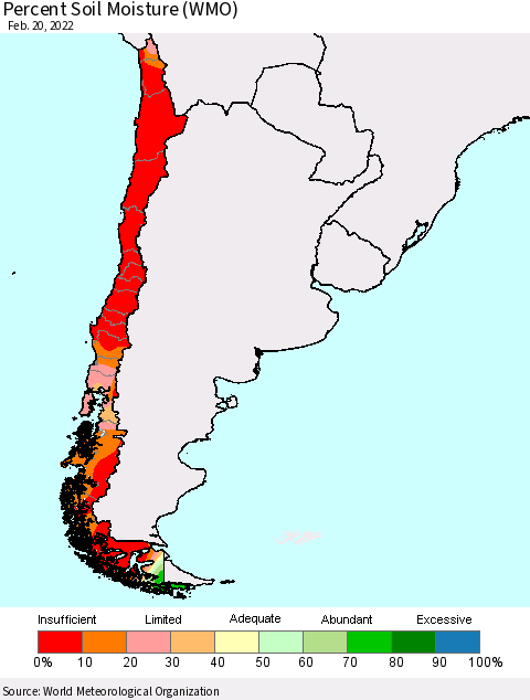 Chile Percent Soil Moisture (WMO) Thematic Map For 2/16/2022 - 2/20/2022