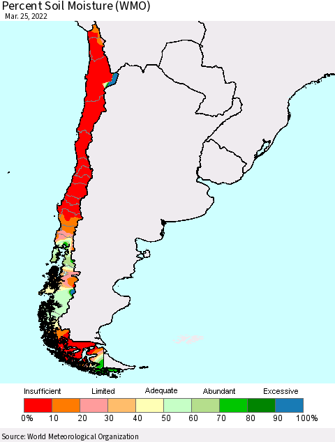 Chile Percent Soil Moisture (WMO) Thematic Map For 3/21/2022 - 3/25/2022