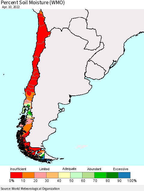 Chile Percent Soil Moisture (WMO) Thematic Map For 4/6/2022 - 4/10/2022