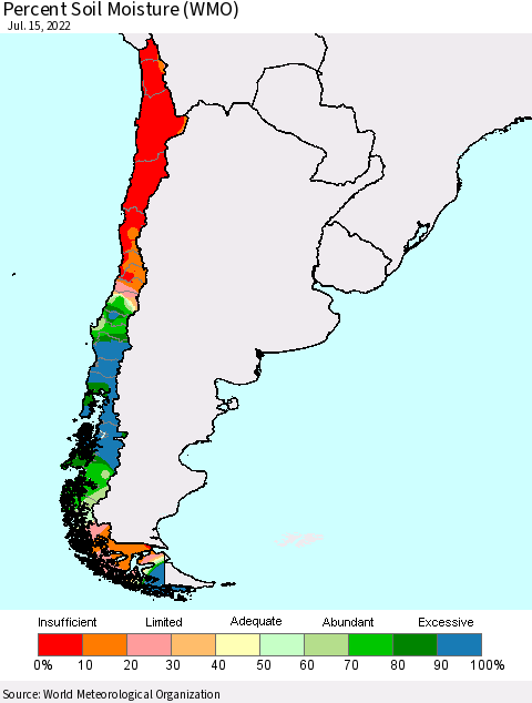 Chile Percent Soil Moisture (WMO) Thematic Map For 7/11/2022 - 7/15/2022