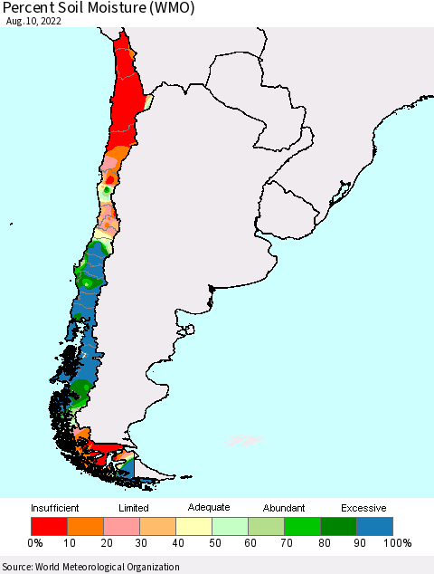 Chile Percent Soil Moisture (WMO) Thematic Map For 8/6/2022 - 8/10/2022