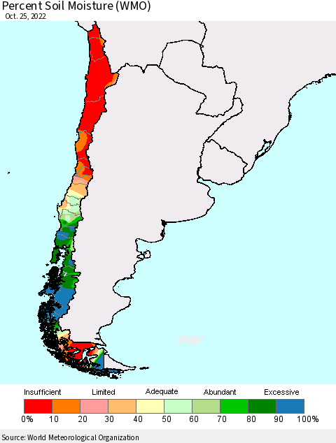 Chile Percent Soil Moisture (WMO) Thematic Map For 10/21/2022 - 10/25/2022