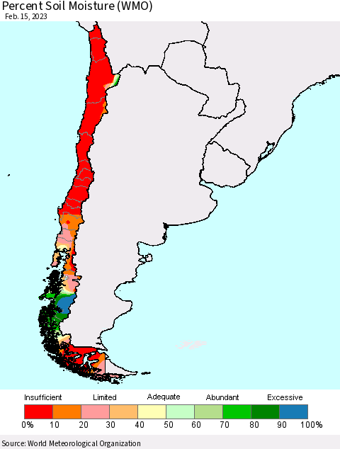 Chile Percent Soil Moisture (WMO) Thematic Map For 2/11/2023 - 2/15/2023