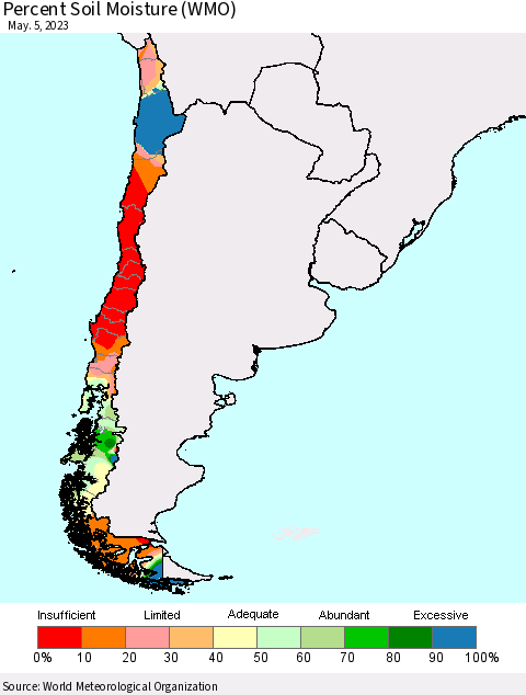 Chile Percent Soil Moisture (WMO) Thematic Map For 5/1/2023 - 5/5/2023