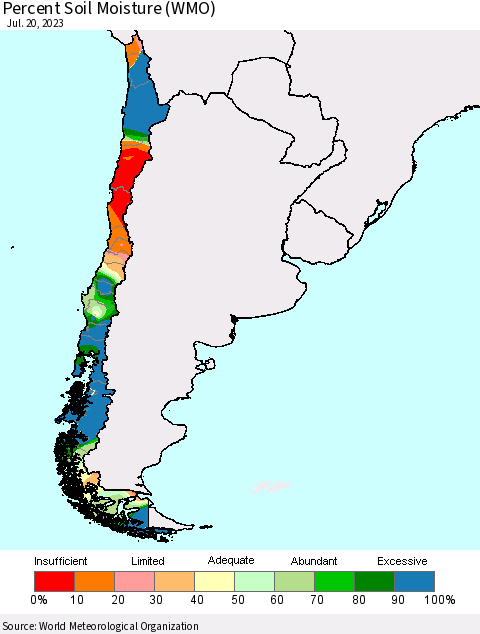 Chile Percent Soil Moisture (WMO) Thematic Map For 7/16/2023 - 7/20/2023