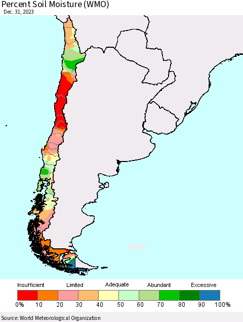 Chile Percent Soil Moisture (WMO) Thematic Map For 12/26/2023 - 12/31/2023