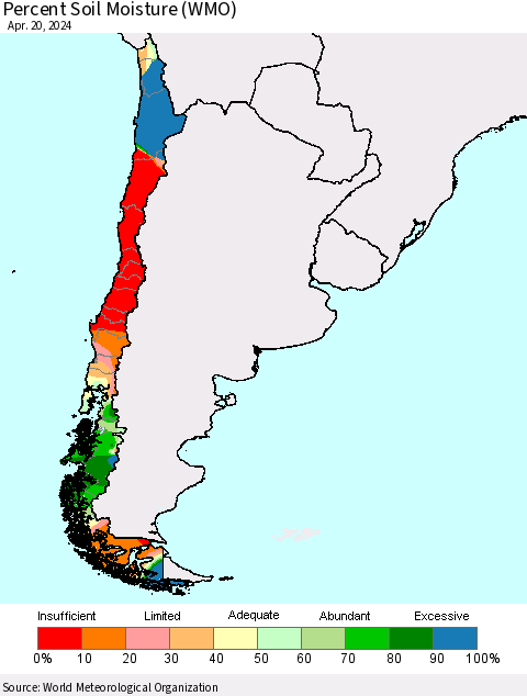 Chile Percent Soil Moisture (WMO) Thematic Map For 4/16/2024 - 4/20/2024