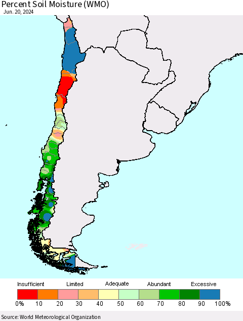 Chile Percent Soil Moisture (WMO) Thematic Map For 6/16/2024 - 6/20/2024