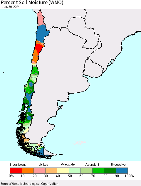 Chile Percent Soil Moisture (WMO) Thematic Map For 6/26/2024 - 6/30/2024
