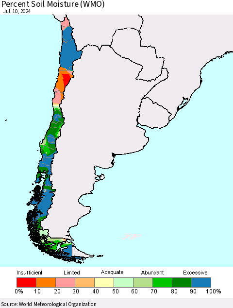 Chile Percent Soil Moisture (WMO) Thematic Map For 7/6/2024 - 7/10/2024