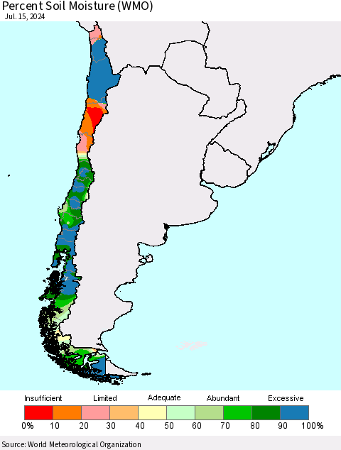 Chile Percent Soil Moisture (WMO) Thematic Map For 7/11/2024 - 7/15/2024