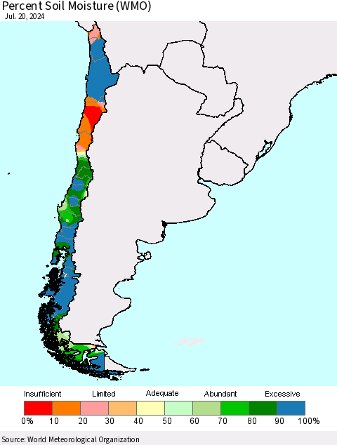 Chile Percent Soil Moisture (WMO) Thematic Map For 7/16/2024 - 7/20/2024