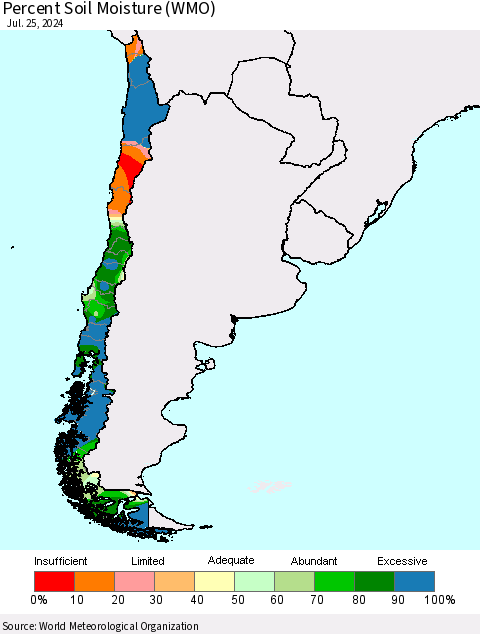 Chile Percent Soil Moisture (WMO) Thematic Map For 7/21/2024 - 7/25/2024