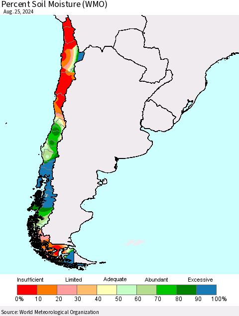 Chile Percent Soil Moisture (WMO) Thematic Map For 8/21/2024 - 8/25/2024