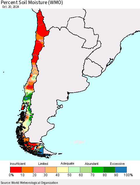 Chile Percent Soil Moisture (WMO) Thematic Map For 10/16/2024 - 10/20/2024