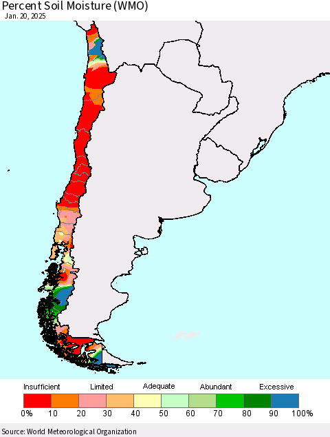 Chile Percent Soil Moisture (WMO) Thematic Map For 1/16/2025 - 1/20/2025