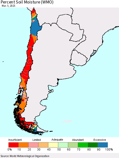Chile Percent Soil Moisture (WMO) Thematic Map For 3/1/2025 - 3/5/2025