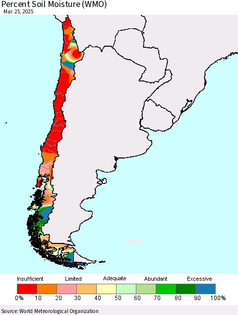 Chile Percent Soil Moisture (WMO) Thematic Map For 3/21/2025 - 3/25/2025