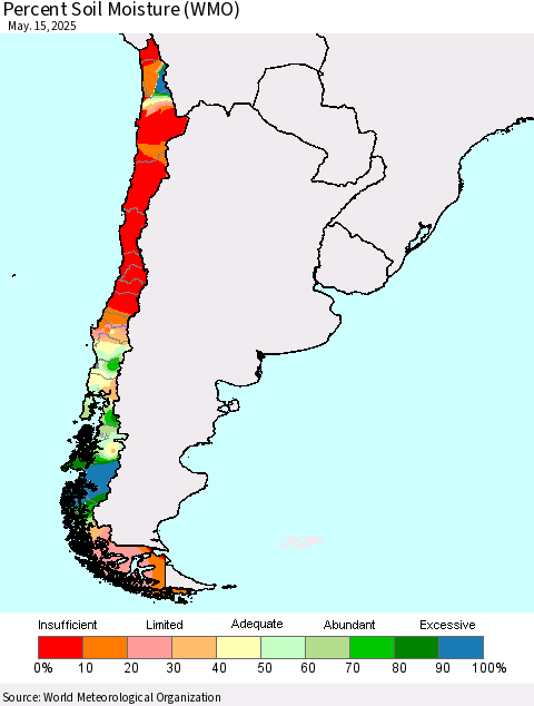 Chile Percent Soil Moisture (WMO) Thematic Map For 5/11/2025 - 5/15/2025