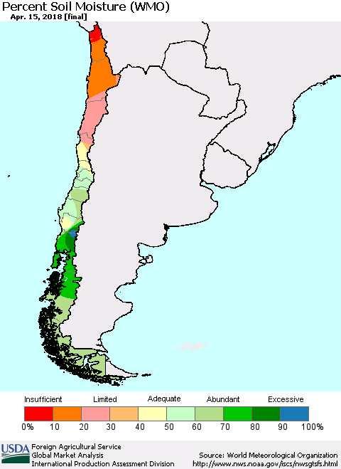 Chile Percent Soil Moisture (WMO) Thematic Map For 4/9/2018 - 4/15/2018