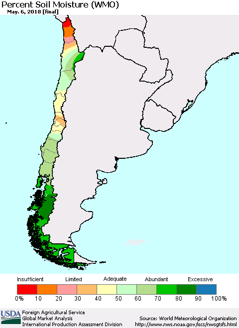 Chile Percent Soil Moisture (WMO) Thematic Map For 4/30/2018 - 5/6/2018