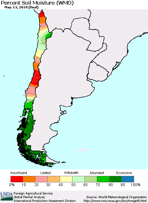 Chile Percent Soil Moisture (WMO) Thematic Map For 5/7/2018 - 5/13/2018